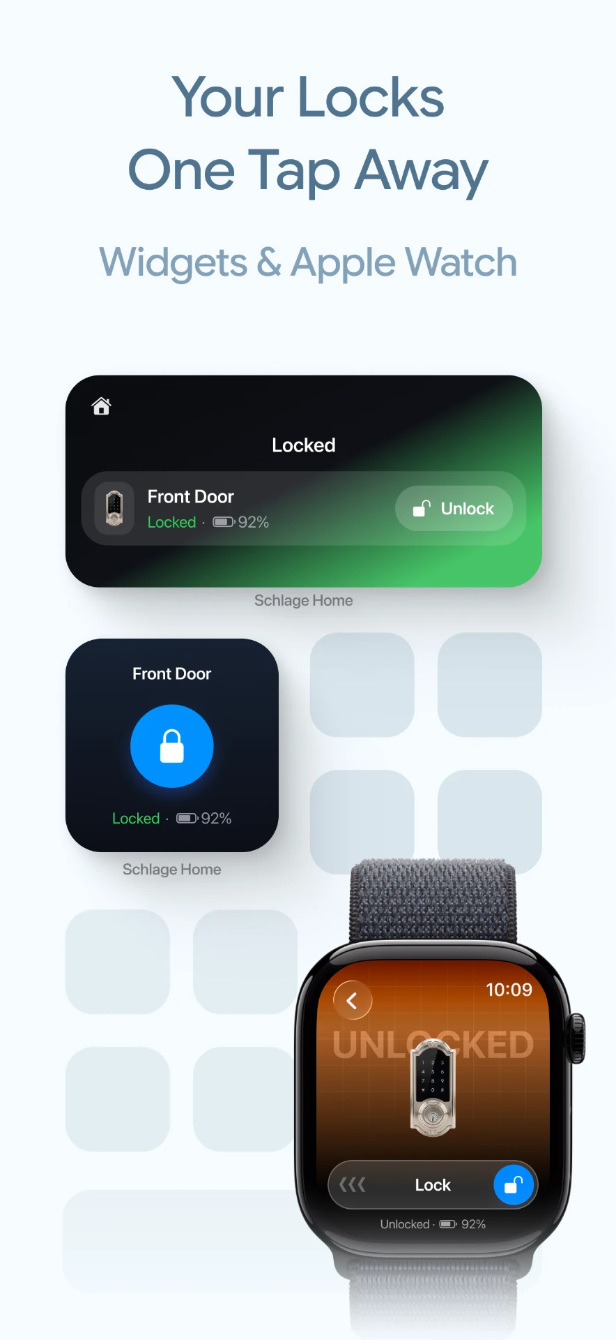 Home Screen widgets and an Apple Watch showing Schlage lock state