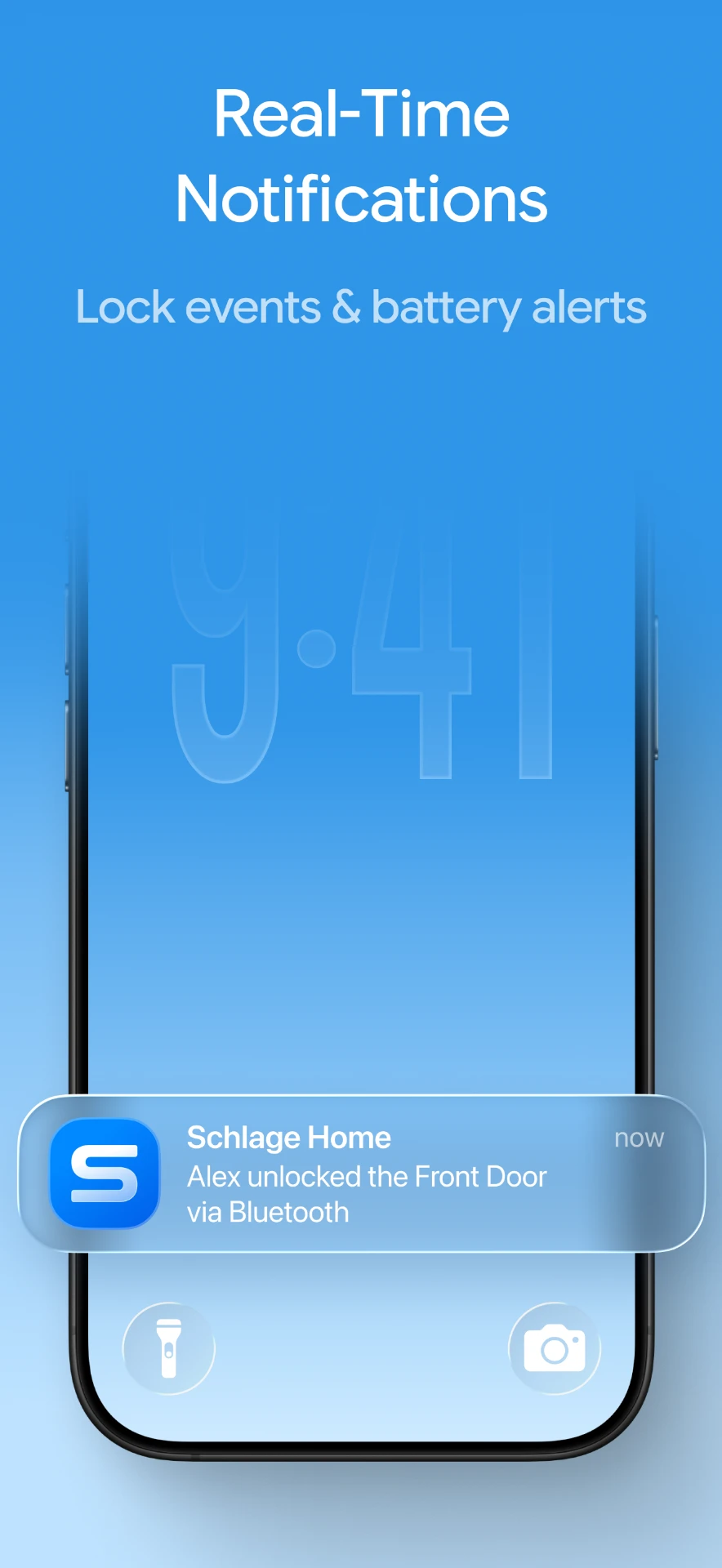 An iPhone Lock Screen notification reporting a Schlage front door unlock