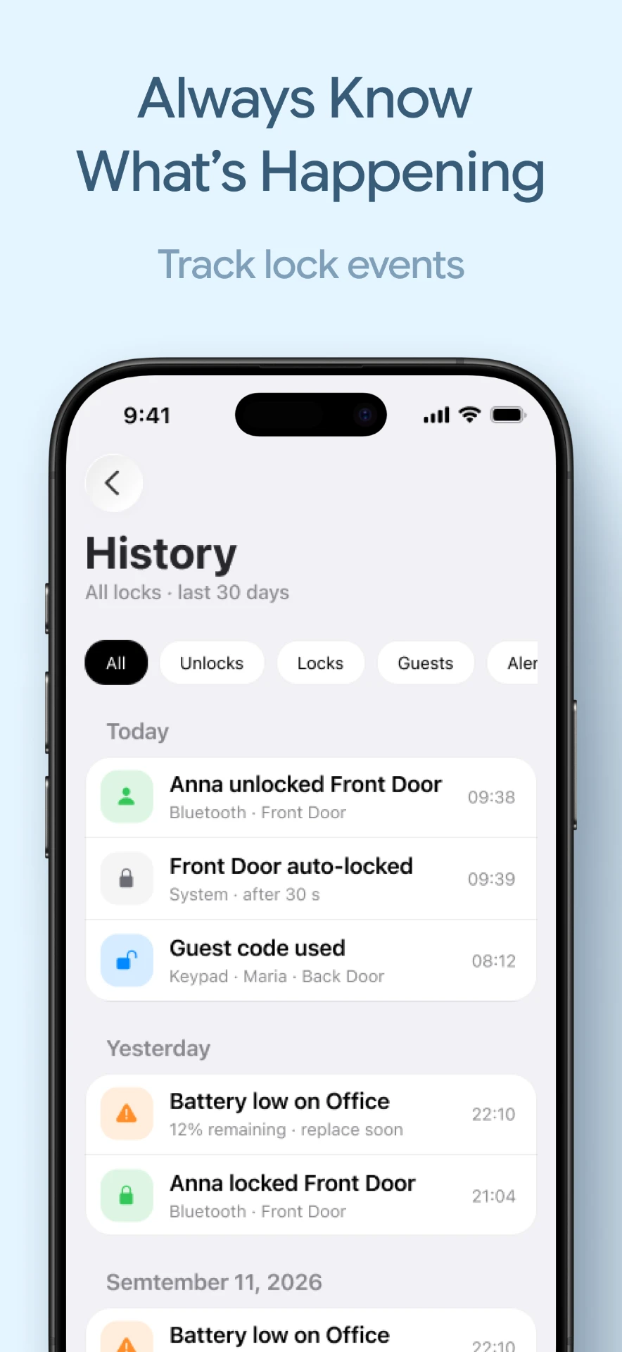 Lock activity history filtered by unlocks, locks, guests and alerts
