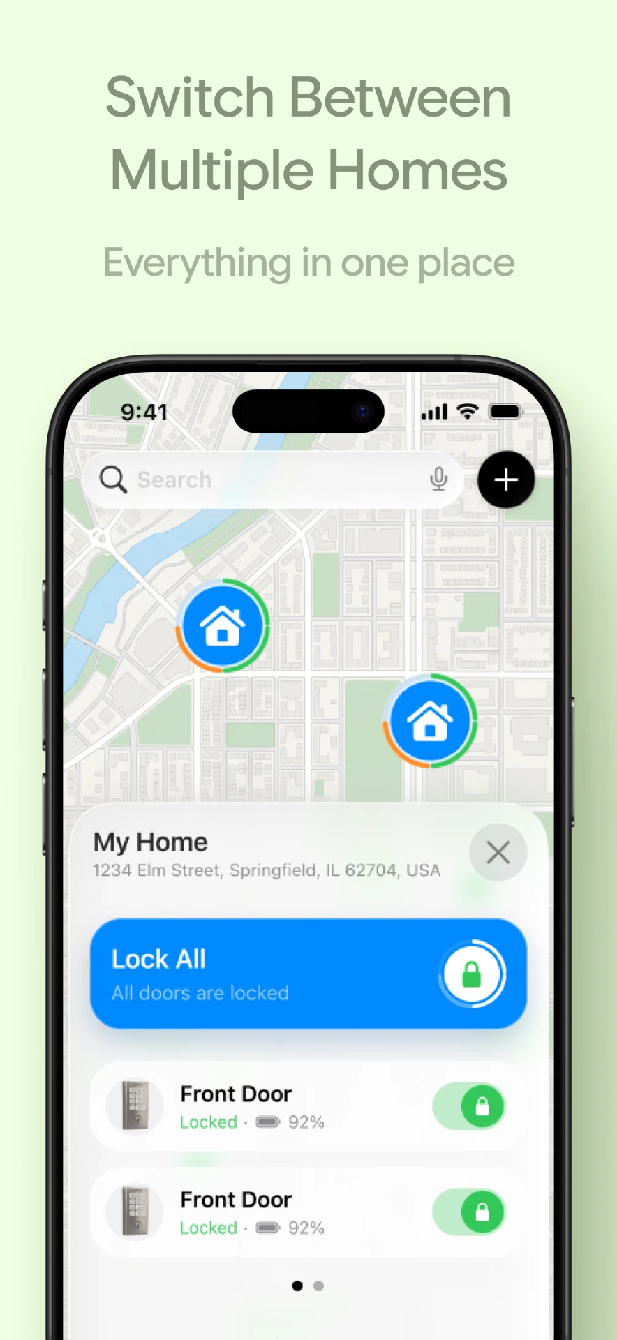 Map view for switching between multiple homes and locking all doors