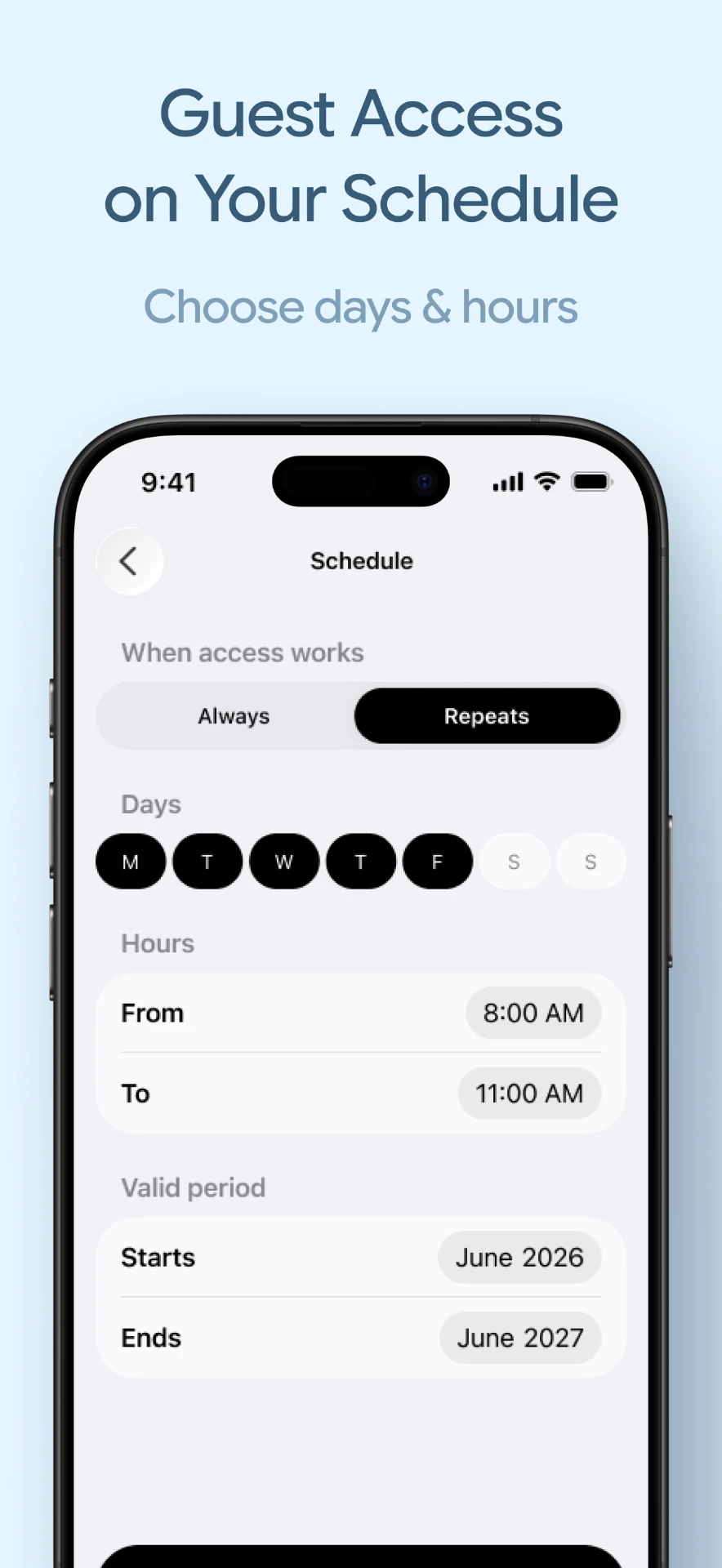 Guest access schedule screen with days, hours and a valid period