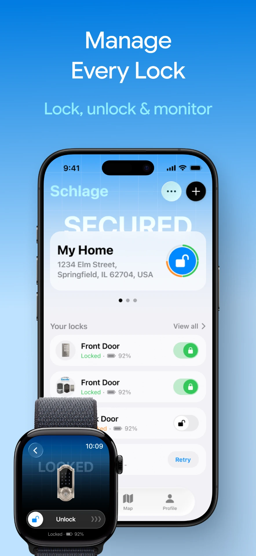 Smartlage home screen listing Schlage locks with lock state and battery level