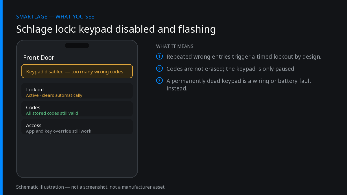 Diagram of a Schlage lock keypad disabled after repeated wrong code entries, with stored codes shown as still valid.