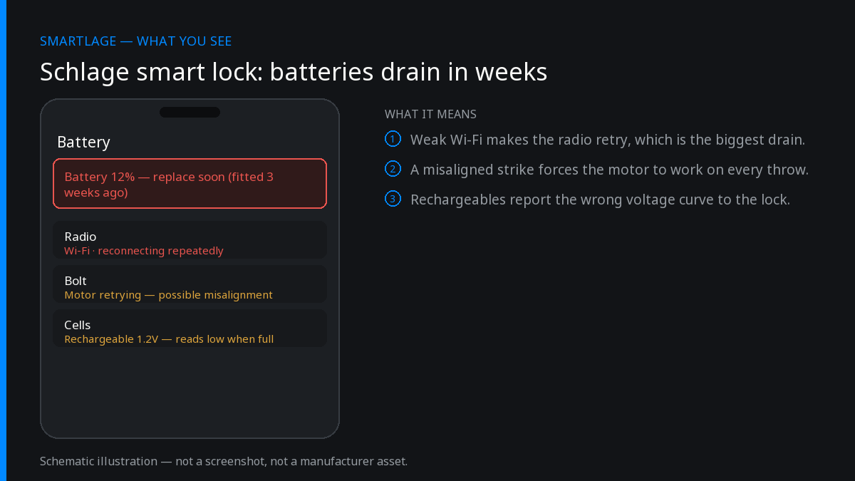 Diagram of a Schlage smart lock battery screen at 12 per cent after three weeks, with repeated Wi-Fi reconnects, bolt misalignment and rechargeable cells flagged.
